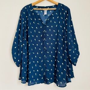 Catherine’s Lemon Print Navy Blue Button Up Top 2X Petite 22W 24W